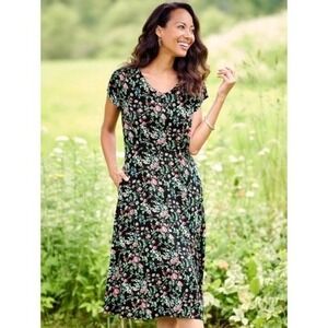 Lanz Of Salzburg Cottage Floral Dress Womens 3X Black Short Sleeve VNeck Pockets